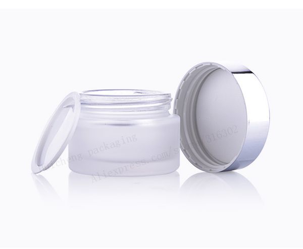 

200 x new design frost glass make up cream jar pot containers with uv shining silver cap with white pad 15g 30g 50g
