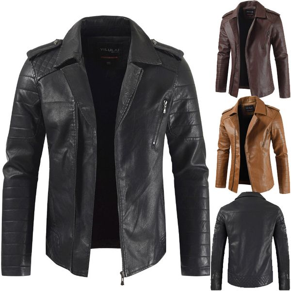 

2019 new style men suit collar oblique zipper men's leather coat leather jacket, Black