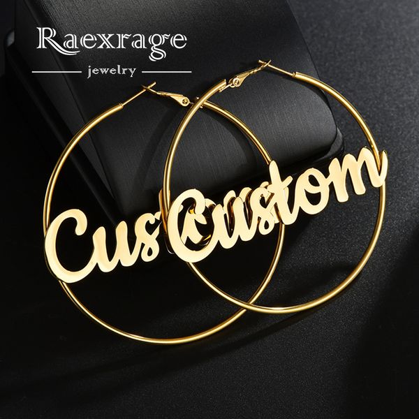 

raexrage punk 25mm-100mm custom name hoop-earrings stainless steel personalized letter hoop nameplate earrings statement jewelry, Golden;silver