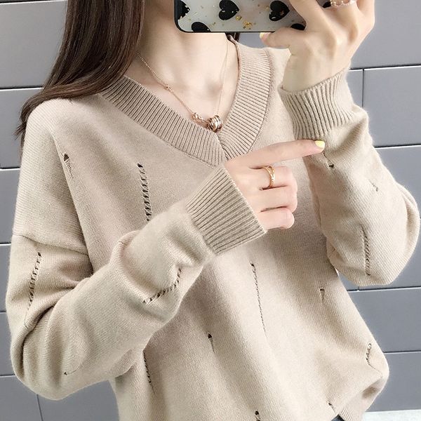 

2019 spring and autumn new loose v-neck solid color openwork sweater female long-sleeved wild sweater pullover top, White;black