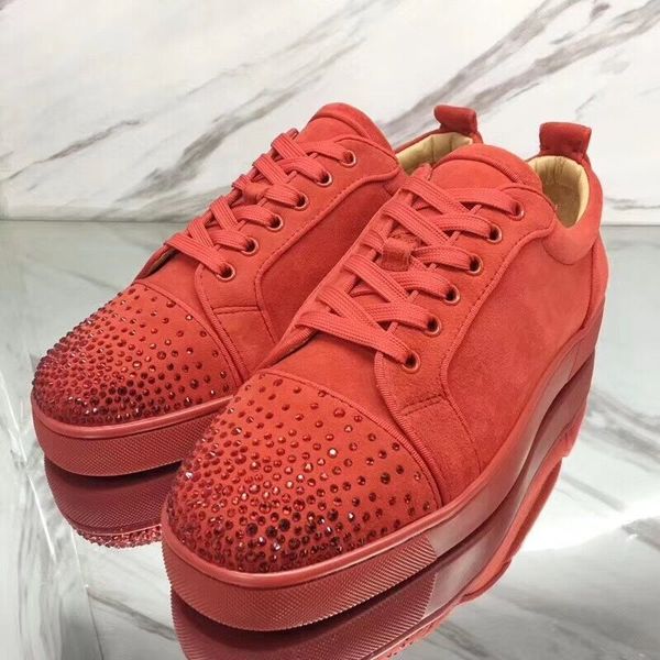 

casual designer fashion women men red suede leather studded strass rhinestone flats lace up shoes boots, Black