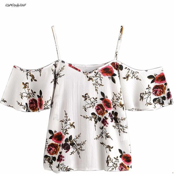 

#yl women summer v-neck chiffon blouses fashion boho floral printed shirts short ladies casual short sleeve off shoulder blouse, White