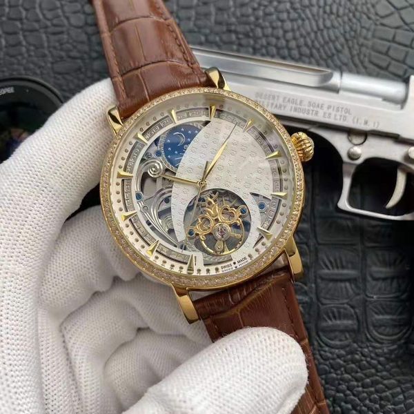 

2019 новые роскошные мужские часы 40 мм циферблат с алмазной рамкой, ремешок из натуральной кожи, 3-контактный полый маховик топ автоматичес, Slivery;brown