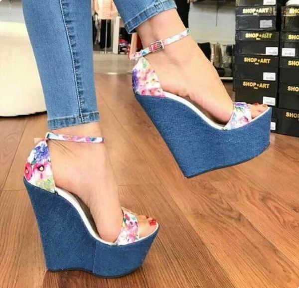

ankle strap peep toe super high women sandals wedges print fashion shoes leisure summer cover heel ladies sandals, Black