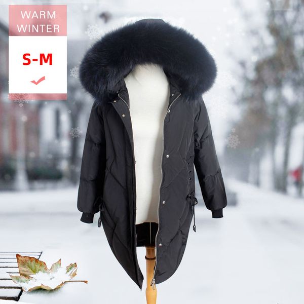 

women long warm thick down coat female white duck down casual loose feather jacket windproof real raccoon fur collar outwear, Black