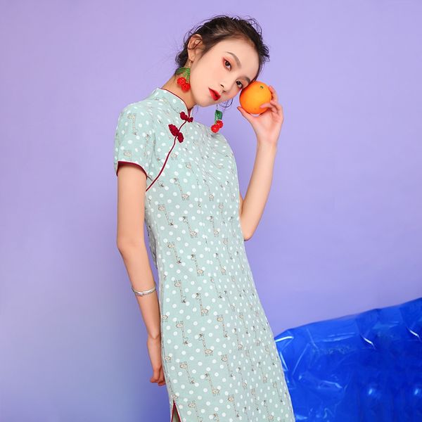 

2020 new spring and summer spot real snew improved cheongsam small fresh printed literary dress, Red