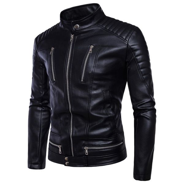 

code] european export outside china punk men's wear locomotive multi-zipper leather coat motorcycle leather jacket goods foot b, Black