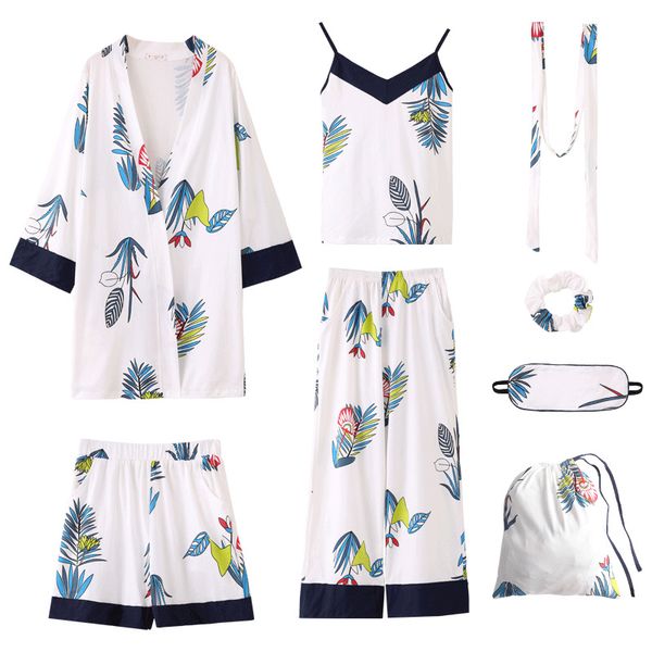 

women pajamas 7 pieces set cotton elegant women pajamas full shorts long sleeve elastic waist pants silk lounge robe home, Black;red