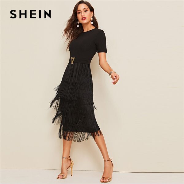 

shein elegant metal button detail layered fringe black pencil dress women high waist solid short sleeve summer slim long dresses, Black;gray