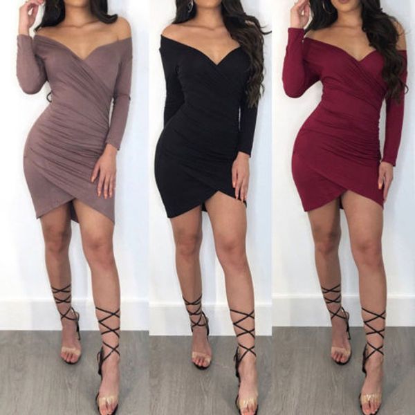 

women autumn off shoulder v-neck long sleeve bodycon dresses ladies casual solid mini dress, Black;gray