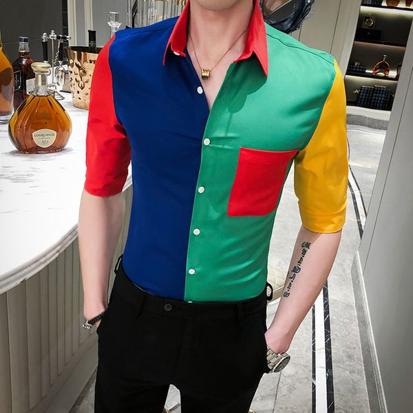 

korean streetwear social dress shirts night club party chemise homme 2020 summer shirt men half sleeve patchwork slim fit shirts, White;black