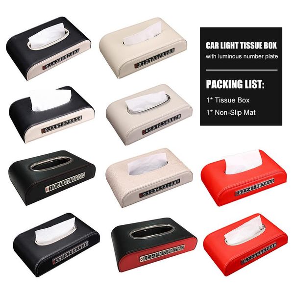 

car tissue box ssign leather luminous tissue box phone numbers auto center console tray with anti-slip mat accessories