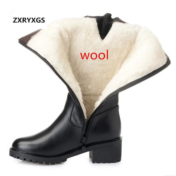 

2019 new winter elegant fashion women shoes boots thick heel large size genuine leather shoes woman warm plush wool snow boots, Black