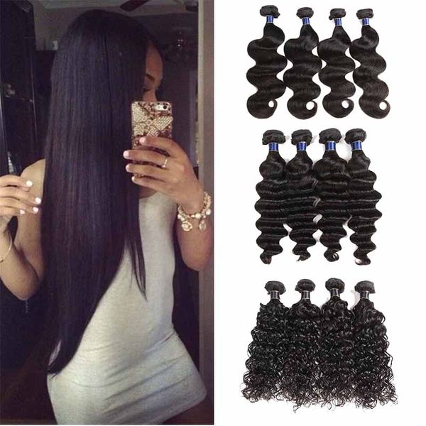 

8a brazilian straight virgin hair weaves 3 bundles malaysian peruvian body water deep wave remy human hair extensions 4 bundles lot, Black