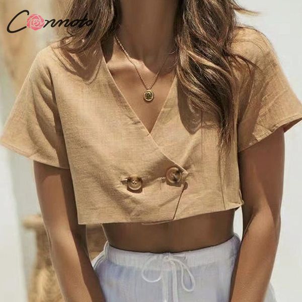 

conmoto 2019 summer women khaki crop and blouse fashion v neck crop female casual short sleeve shirt blusa, White