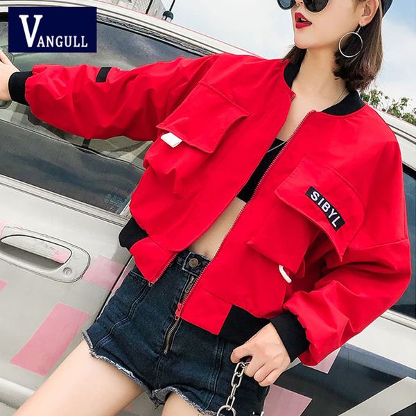 

vangull women short jacket autumn streetwear clothing 2019 summer new letter patch batwing sleeve zipper female coat outerwear, Black;brown