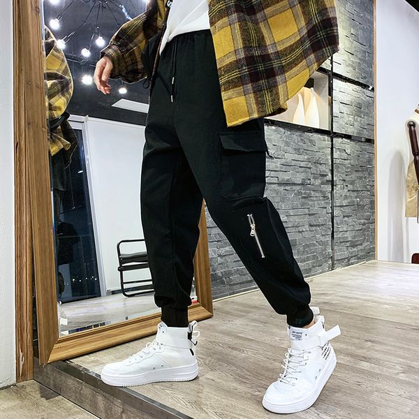 

ins overalls, men's fashion straight-barrel loose multi-pocket japanese casual trousers, ulzzang trousers, Black