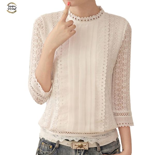 

new women blouses korean style ladies chiffon shirts 2019 autumn three quarter sleeve stand collar clothes plus size 61j 25, White