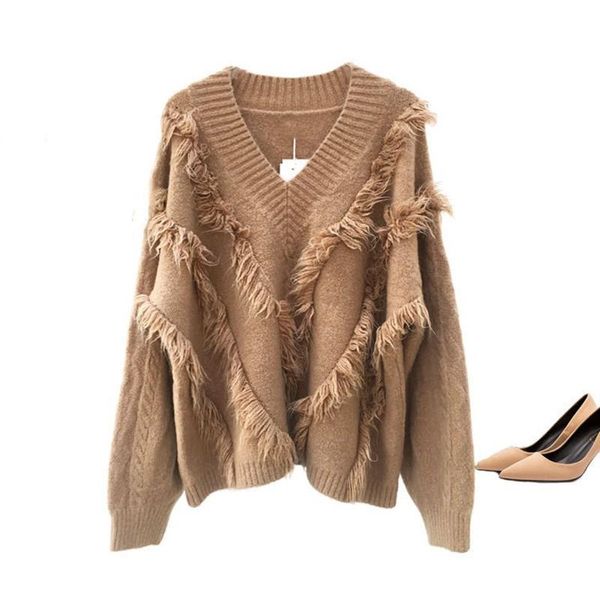 

tassel v neck knitted pullover khaki long sleeve knit crochet sweater pullovers women cropped jumper pull, White;black