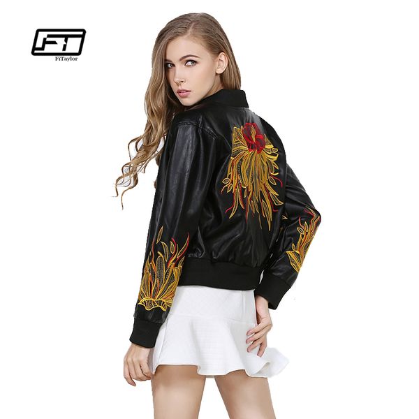 

fitaylor autumn embroidery pu jacket women bomber jacket slim print faux leather o neck punk leather biker jackets, Black