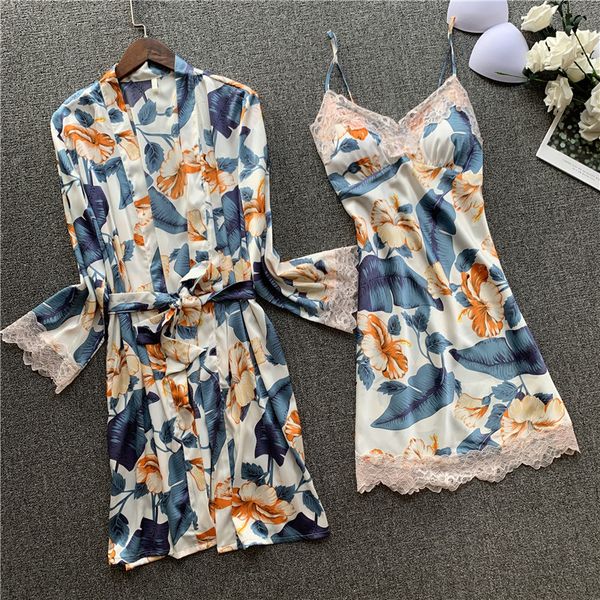 

print flower women 2pcs sleepwear lace nighty&robe suit satin female kimono bathrobe gown nightgown intimate lingerie homewear, Black;red