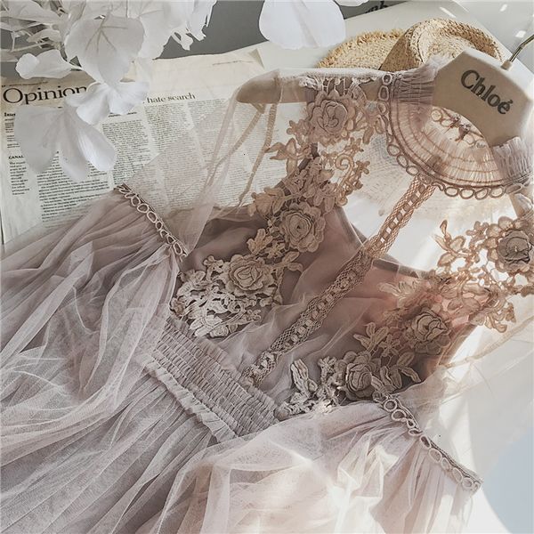 

woman dresses womens clothing casual dresses dress lantern women sleeve mesh dress see through lace embroidery fairy dress femme robe, Black;gray