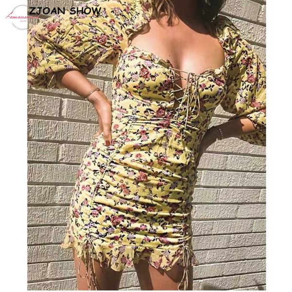 

2020 yellow floral print summer dress ruffle detail long sleeves mini short dress for women tie party dresses, Black;gray