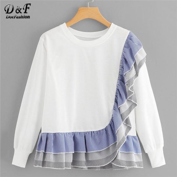 

dotfashion ruffle hem striped sweatshirt women 2019 casual autumn clothing long sleeve spring womens sweatshirts pullovers, Black