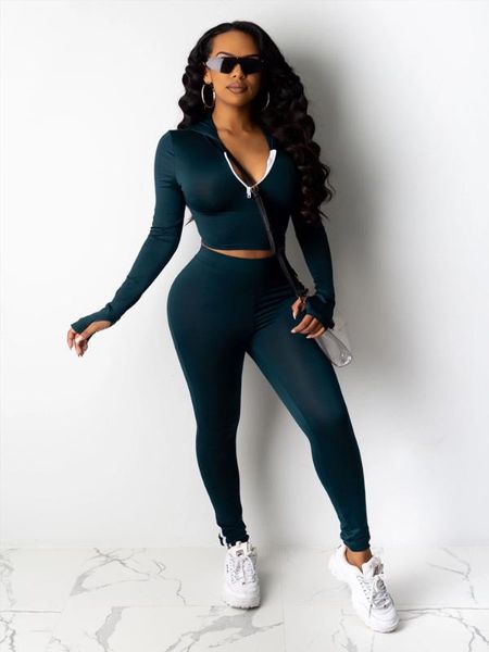 

2020 spring winter women set full sleeve solid hooded and long pant sporty women suit skinny outfits, White