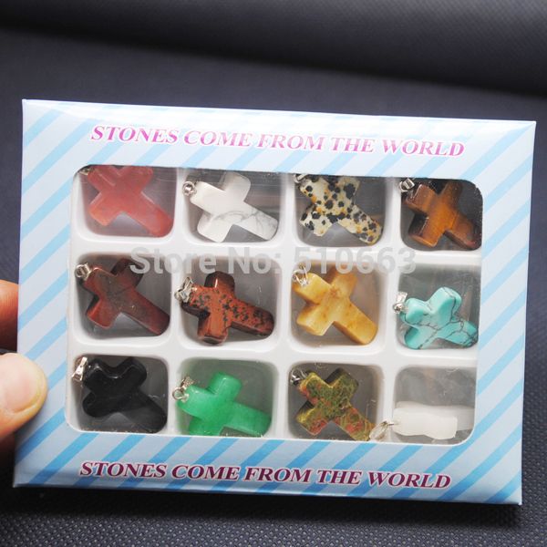 

box stone sets,12 pieces /lot,nature stone pendant,gem stone pendant cross shape,for necklace making,size:18x26mm, Silver