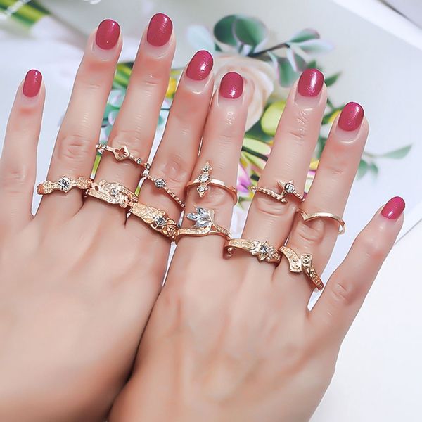 

11pcs/sets leaf inlay totem crystal exquisite rings bohemian retro silver ring set women wedding anniversary, Slivery;golden