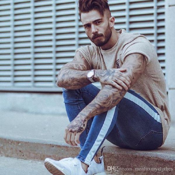 

джинсы рваные полосатые драпированные отверстия slim fit карандаш брюки панталоны мужские дизайнерские байкеры, Blue