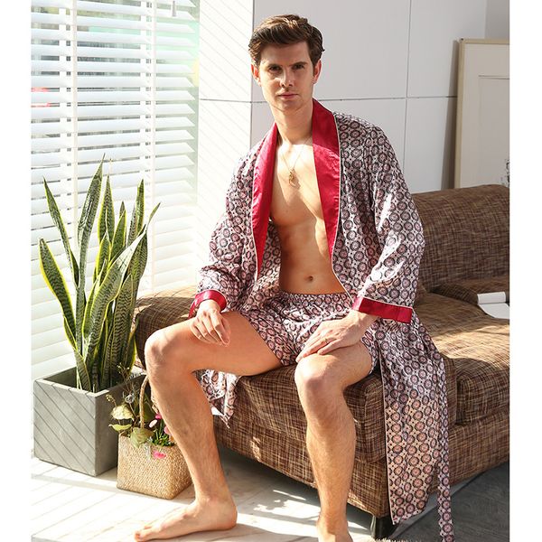 

silk robe summer pajama man silk man pajamas men's robe pants pajamas gentlemen loungewear bathrobe one piece, Black;brown