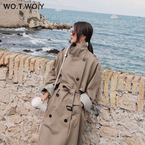 

wotwoy 2019 autumn casual belt faishon trench women mid-calf straight pockets buttons women trench coat turn down collar coat, Tan;black