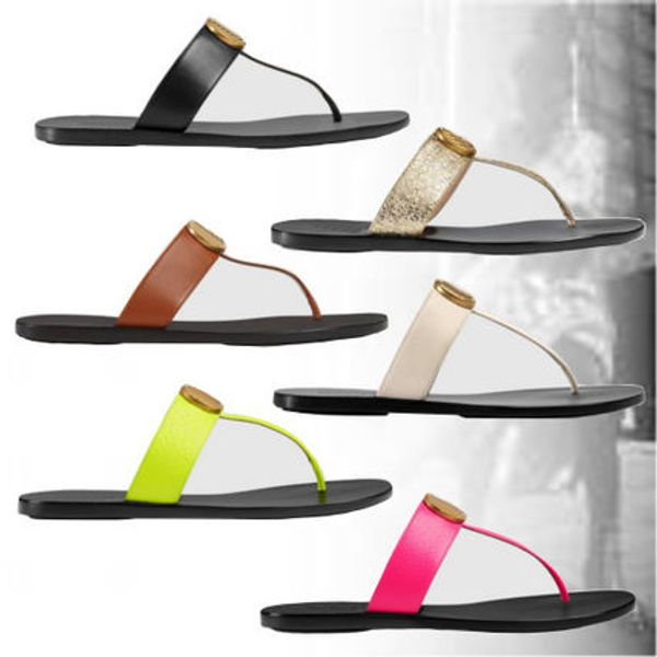 

designer mens womens leather thong sandals fashion t-strap flat slippers flip flops embossed with gold-tone hardware, Black