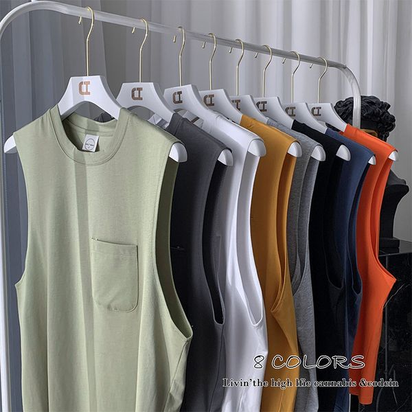 

sportswear summer korean-style loose-fit crew neck pure cotton sleeveless t-shirt men's stickers pocket casual sports t-shirts, Black;blue