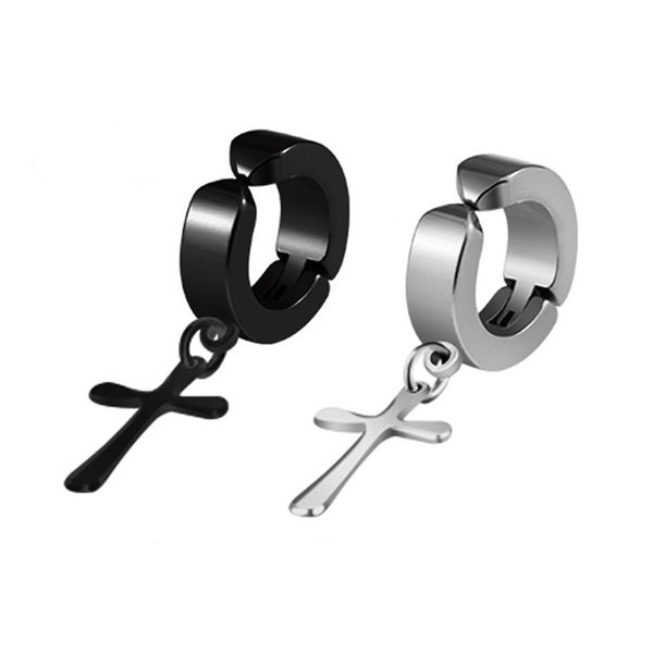 

punk cross pendant clip earrings without piercing earrings for women men stainless steel black circle cross earring female cuff, Silver