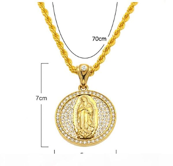 

18k gold plated iced out cz virgin mary pendant necklace women men christian jewelry cross zinc alloy round tag necklace, Silver