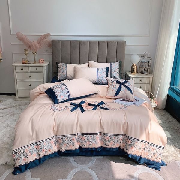 

tencel silk soft дышащий девочка постельные принадлежности набор цветочные вышивки и bowknot пододеяльник простыня наволочки для лета