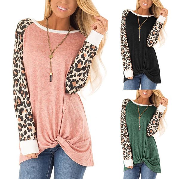 

women leopard print patchwork tshirt fashion crew neck long sleeve tees designer casual loose streetwear, White