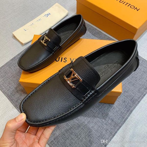 

fashion luxury designer new men shoes real leather flat metal button peas shoes breathable printing classic casual shoes, Black