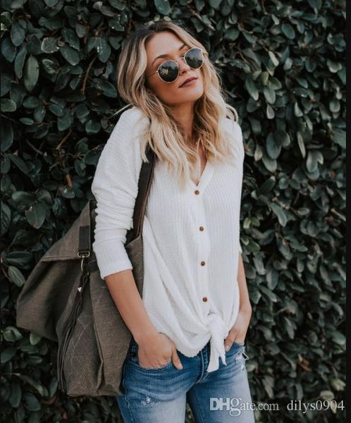 

autumn long sleeve v-neck blouse t-shirt cardigan knitted sweater women's knits & tees fine wool yarn stripe button splicing single bre, White