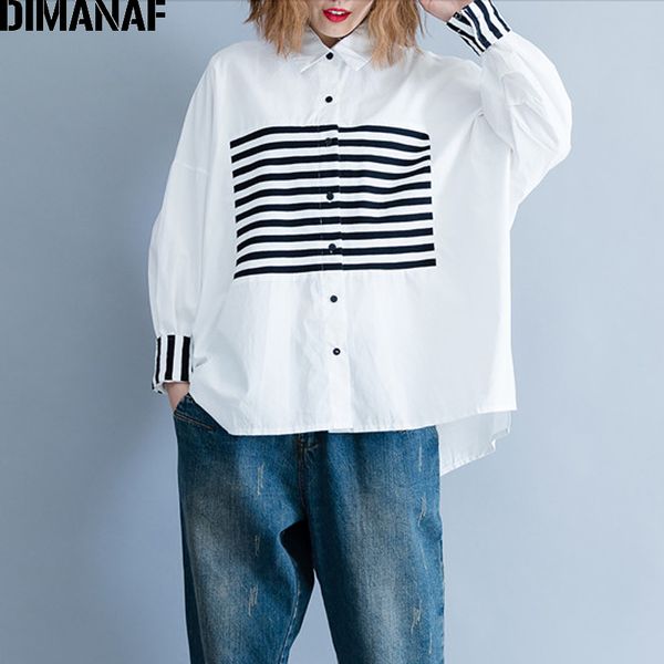 

dimanaf women blouse shirt female basic clothes cotton print striped patchwork casual loose plus size cardigan 2019 autumn, White