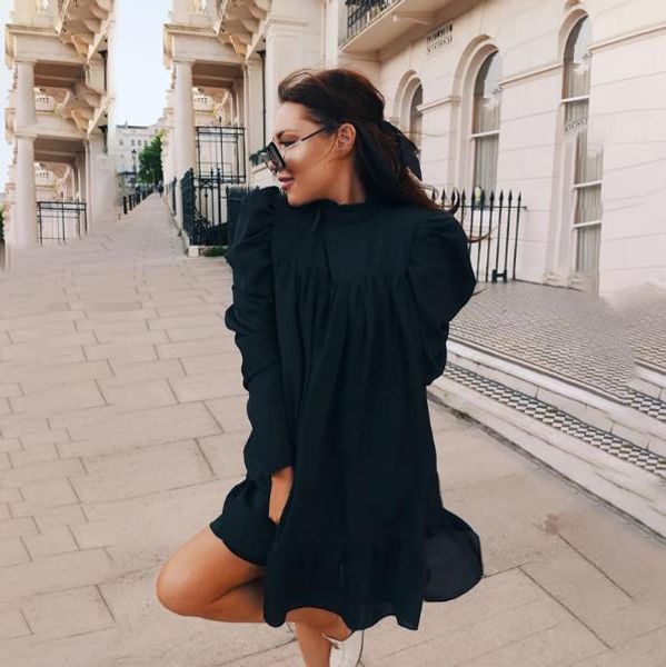 

vintage womens designer dresses fashion pleated puff sleeve dresses casual long sleeve pure color dresses, Black;gray