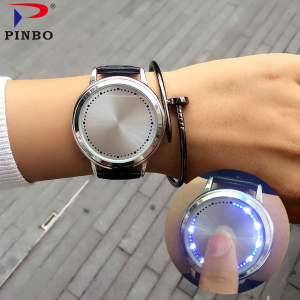 

creative personality minimalist touch screen waterproof led watch leather men women couple watch electronic c-60 pingbo, Slivery;brown