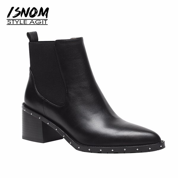 

rivet boot square heel booties natural leather women's shoes boots female footwear 2019, Black