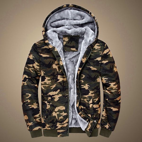 

plus size winter men's coat camouflage casual zipper hooded jacket coat soft fleece warm thicken men parka overcoat, Black