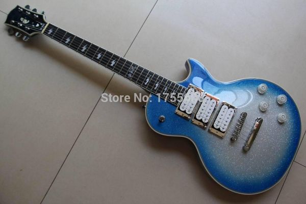 

new highest quality ace frehley signature 3 pickups electric guitar flash metallic silver / blue #5 120715
