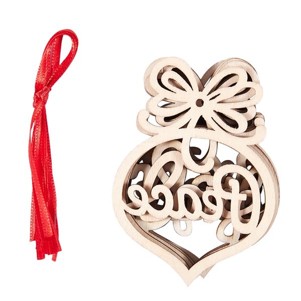

6x christmas ornaments wood hanging hollow xmas decorations wood color, with red ropes
