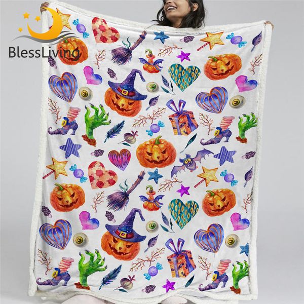 

blessliving happy halloween sherpa blanket cartoon kids bedding broom pumpkin bed blanket hat candy bat colorful mantas de cama
